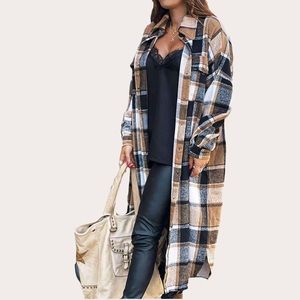 Cozy Button Up Plaid Cardigan Shacket in Brown/Tan/Black/White